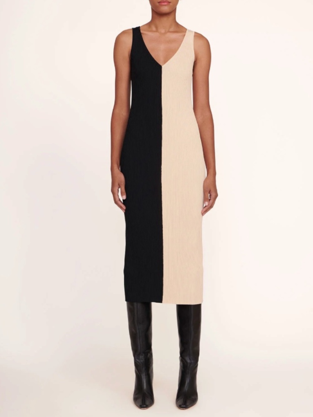 NWT Staud “Dana” Compact Ribbed Knit Dress in Buff/ Black – Size Small